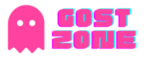 Stylized hot pink logo reading "Gost Zone," with a glitch effect and icon of a ghost.